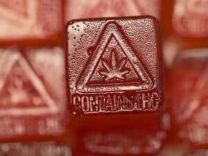 A close-up of a red cannabis gummy with a THC warning.